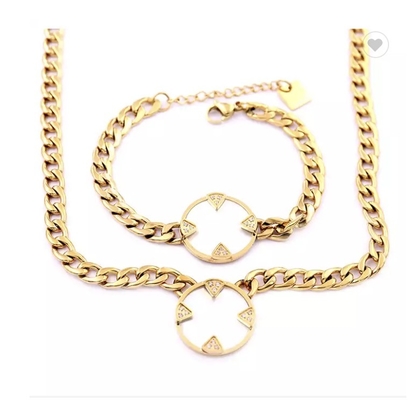 K Gold Conjunto de joyas de acero inoxidable Lush Simple White Fritillary Pulsera de cadena con incrustaciones