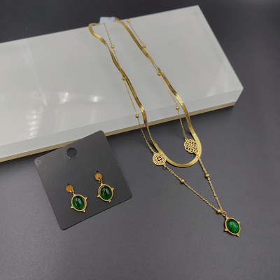 Nuevo aro de oro de color de acero inoxidable, collar, brazalete conjunto con piedra verde para la dama