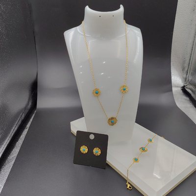 Nuevo aro de oro de color de acero inoxidable, collar, brazalete conjunto con piedra verde para la dama