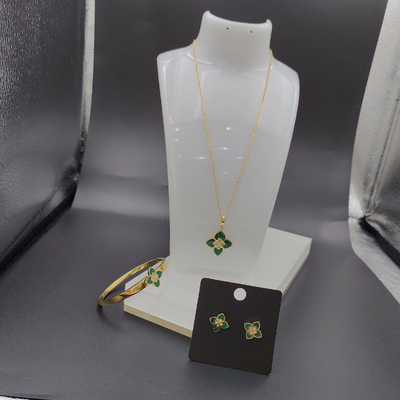 Nuevo aro de oro de color de acero inoxidable, collar, brazalete conjunto con piedra verde para la dama