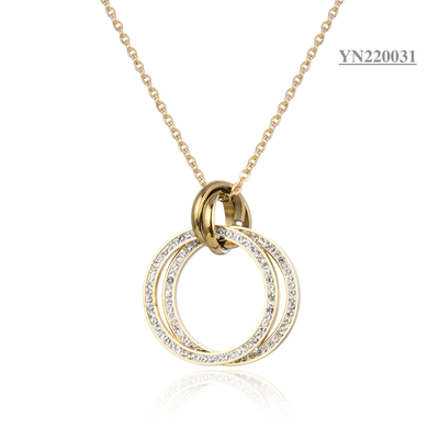 Collares de moda de acero inoxidable dorado Collar con colgante de anillo de diamantes de imitación doble