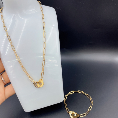 El más reciente de oro color de acero inoxidable arete, collar, brazalete conjuntos con Cnc Cz para la dama