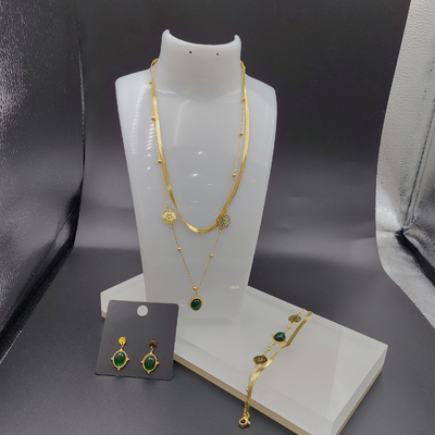 Nuevo aro de oro de color de acero inoxidable, collar, brazalete conjunto con piedra verde para la dama