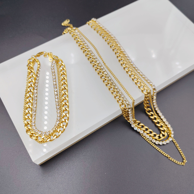 Nueva llegada de moda alta polaca más reciente oro color de acero inoxidable arete, collar, conjuntos de pulseras para dama